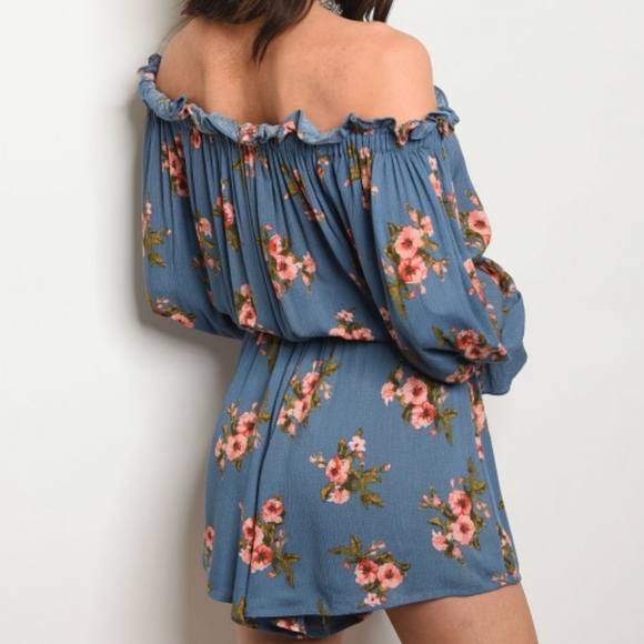 GIRLY & FLIRTY BLUE FLORAL OFF SHOULDER ROMPER - Picture 2 of 3